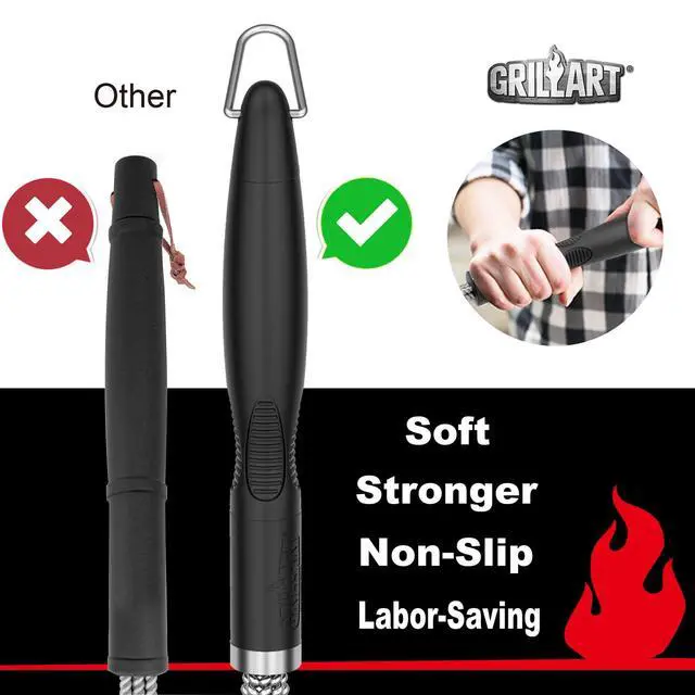 Alt view image 2 of 7 - Grill Brush, 18'' Extra-Strong Handle, BBQ Cleaner with Scraper | Remove Tough Grime, Triple Safe Wire Bristle Scrubbers, for Gas, Charcoal & Smoker, Steel Grates, 360°Wizard Cleaning