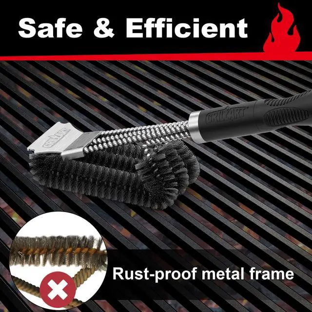 Alt view image 6 of 7 - Grill Brush, 18'' Extra-Strong Handle, BBQ Cleaner with Scraper | Remove Tough Grime, Triple Safe Wire Bristle Scrubbers, for Gas, Charcoal & Smoker, Steel Grates, 360°Wizard Cleaning