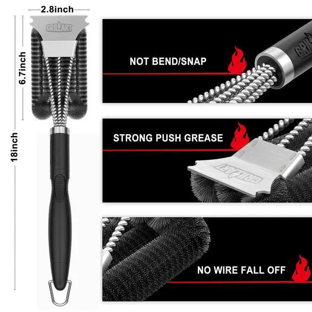 Alt view image 5 of 7 - Grill Brush, 18'' Extra-Strong Handle, BBQ Cleaner with Scraper | Remove Tough Grime, Triple Safe Wire Bristle Scrubbers, for Gas, Charcoal & Smoker, Steel Grates, 360°Wizard Cleaning
