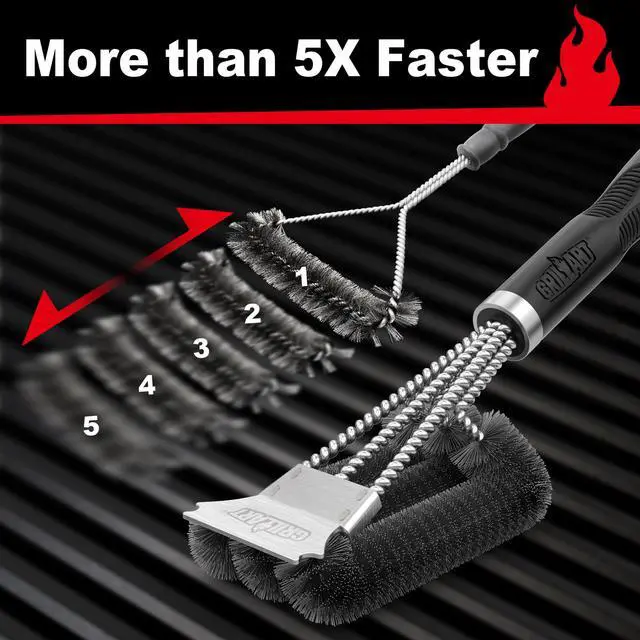 Alt view image 4 of 7 - Grill Brush, 18'' Extra-Strong Handle, BBQ Cleaner with Scraper | Remove Tough Grime, Triple Safe Wire Bristle Scrubbers, for Gas, Charcoal & Smoker, Steel Grates, 360°Wizard Cleaning
