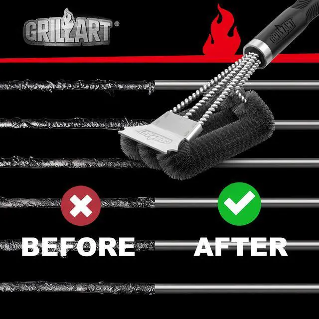 Alt view image 7 of 7 - Grill Brush, 18'' Extra-Strong Handle, BBQ Cleaner with Scraper | Remove Tough Grime, Triple Safe Wire Bristle Scrubbers, for Gas, Charcoal & Smoker, Steel Grates, 360°Wizard Cleaning