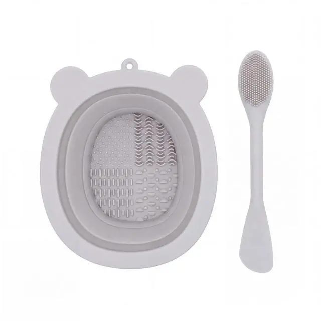 Main image of Silicone Makeup Brush Cleaner Pad with Scrubbing Textures, Bear Shape, Purple, Includes Cleaning Spatula (Grey)