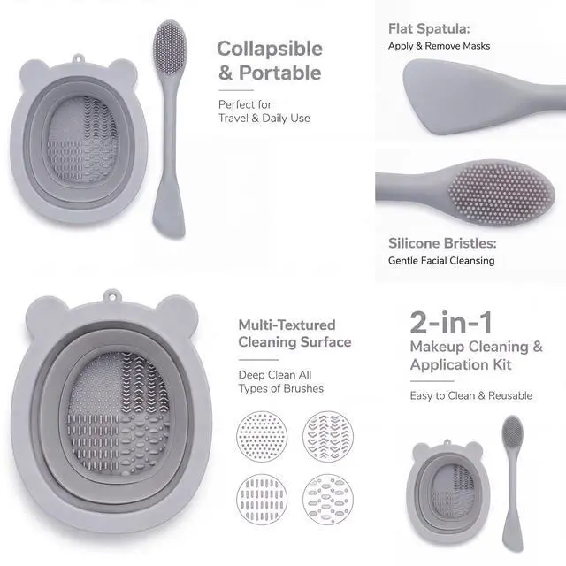 Alt view image 4 of 6 - Silicone Makeup Brush Cleaner Pad with Scrubbing Textures, Bear Shape, Purple, Includes Cleaning Spatula (Grey)