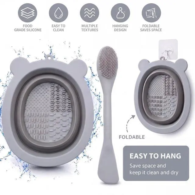 Alt view image 6 of 6 - Silicone Makeup Brush Cleaner Pad with Scrubbing Textures, Bear Shape, Purple, Includes Cleaning Spatula (Grey)
