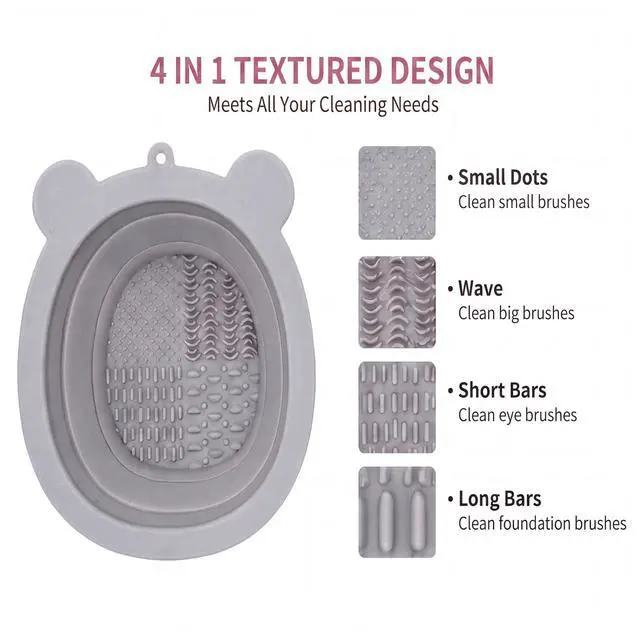 Alt view image 2 of 6 - Silicone Makeup Brush Cleaner Pad with Scrubbing Textures, Bear Shape, Purple, Includes Cleaning Spatula (Grey)