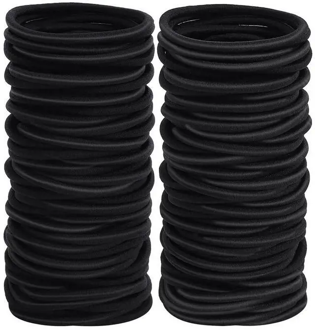 Main image of 100pcs Womens Elastics Hair Tie, 4MM Black Ponytail Holders Hair Bands, 2 Inch in Diameter Elastic Band for Medium to Thick Hair (4mm Black)