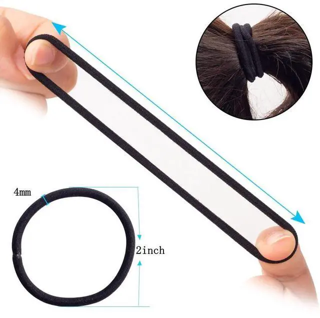 Alt view image 2 of 7 - 100pcs Womens Elastics Hair Tie, 4MM Black Ponytail Holders Hair Bands, 2 Inch in Diameter Elastic Band for Medium to Thick Hair (4mm Black)