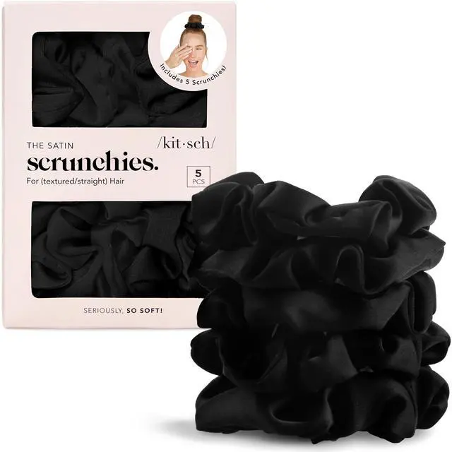 Main image of Satin Scrunchies for Women | For All Hair Types - Black, 5pcs | Wake Up Frizz-Free, No Crease Hair Ties, Softer Than Silk Scrunchies, Stylish Hair Accessories For All Hair Types