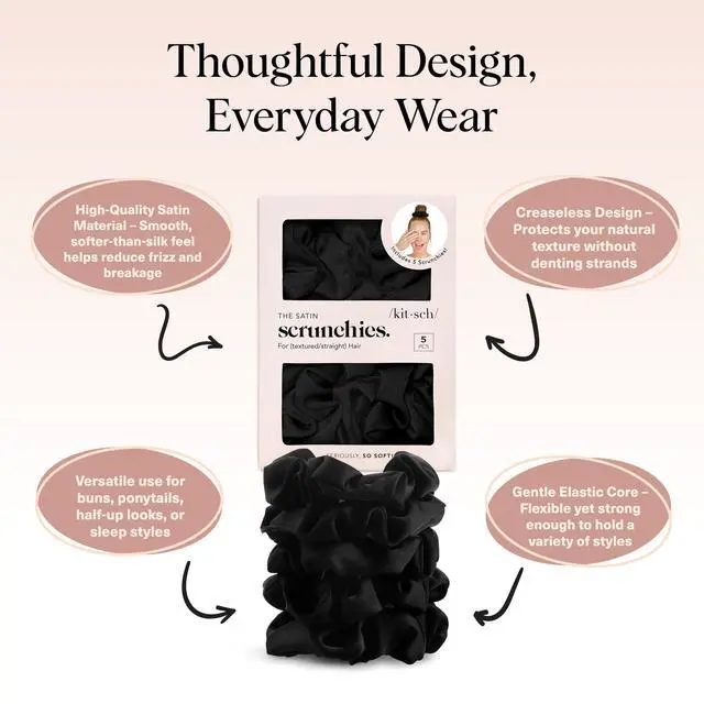 Alt view image 4 of 7 - Satin Scrunchies for Women | For All Hair Types - Black, 5pcs | Wake Up Frizz-Free, No Crease Hair Ties, Softer Than Silk Scrunchies, Stylish Hair Accessories For All Hair Types
