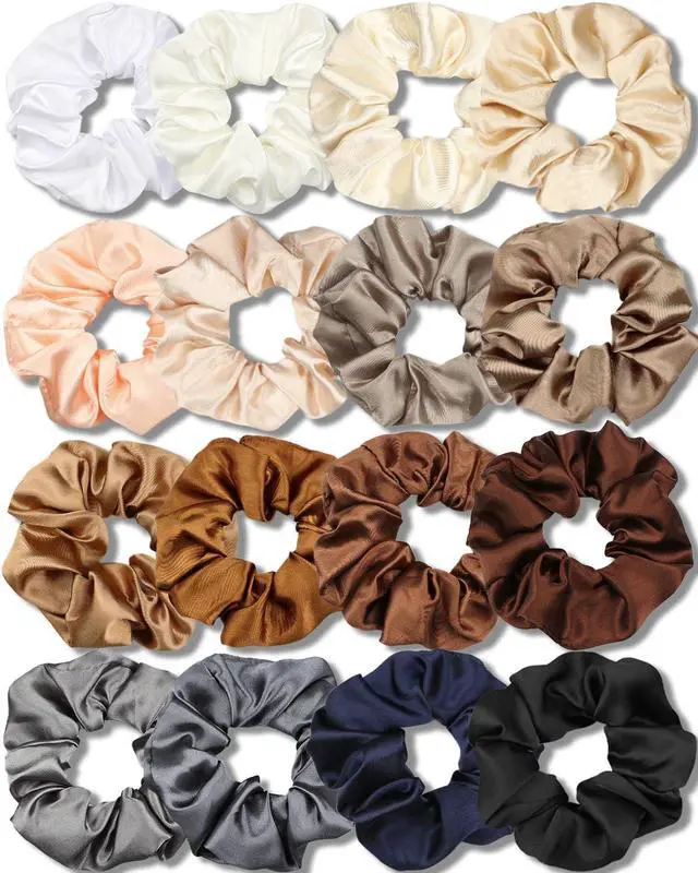 Main image of Satin Scrunchies for Women, Soft Than Silk for Hair, Fashion Ties and Bands for Thin | Thick Hair Styling, 16 Pack (Neutral Color)