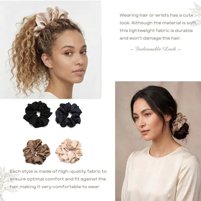 Alt view image 2 of 7 - 4 PCS Large Satin Silk Scrunchies for Women Big Hair Scrunchies Thick Hair | Stretched 10" Length/No Damage/Diameter: 5 inches/Gift Box/All Hairstyles/Black Navy Brown Champagne