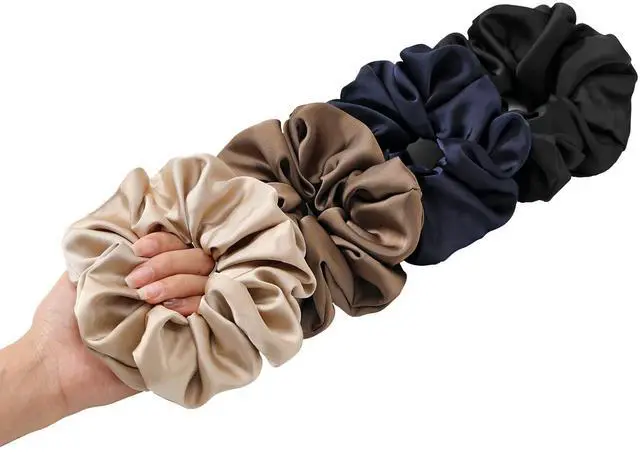 Main image of 4 PCS Large Satin Silk Scrunchies for Women Big Hair Scrunchies Thick Hair | Stretched 10" Length/No Damage/Diameter: 5 inches/Gift Box/All Hairstyles/Black Navy Brown Champagne