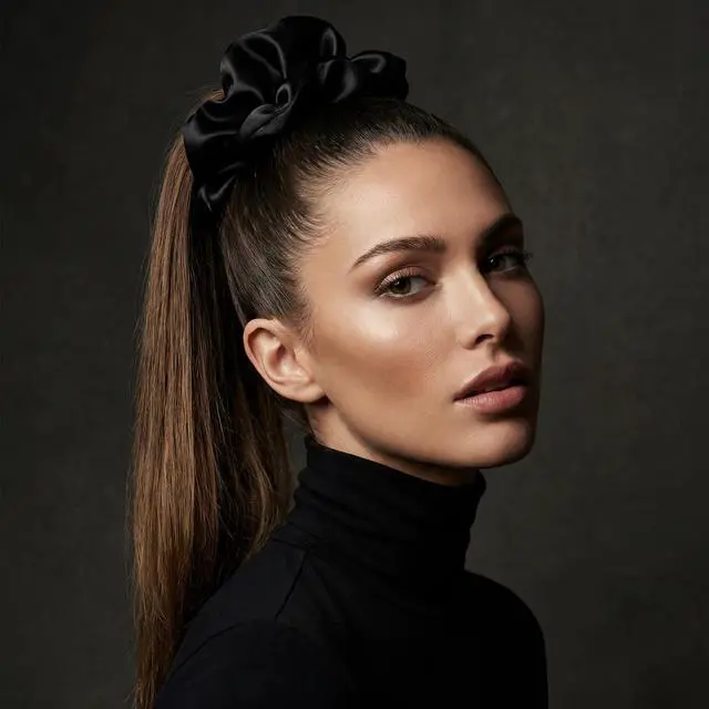 Alt view image 6 of 7 - 4 PCS Large Satin Silk Scrunchies for Women Big Hair Scrunchies Thick Hair | Stretched 10" Length/No Damage/Diameter: 5 inches/Gift Box/All Hairstyles/Black Navy Brown Champagne