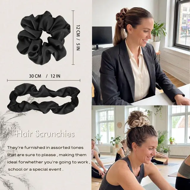 Alt view image 7 of 7 - 4 PCS Large Satin Silk Scrunchies for Women Big Hair Scrunchies Thick Hair | Stretched 10" Length/No Damage/Diameter: 5 inches/Gift Box/All Hairstyles/Black Navy Brown Champagne