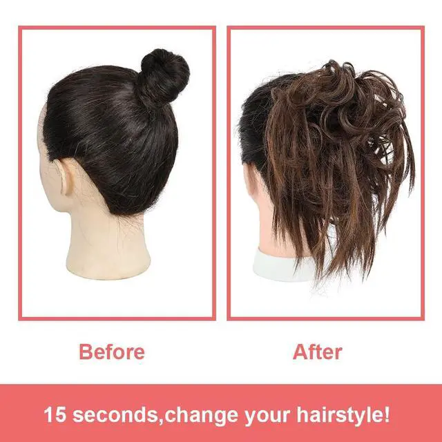 Alt view image 4 of 6 - Messy Bun Hair Piece,Synthetic Tousled updo Short Ponytail Faux Hair Scrunchie with Elastic Rubber Band Fake Hair Bun for Women (Chestnut Brown)