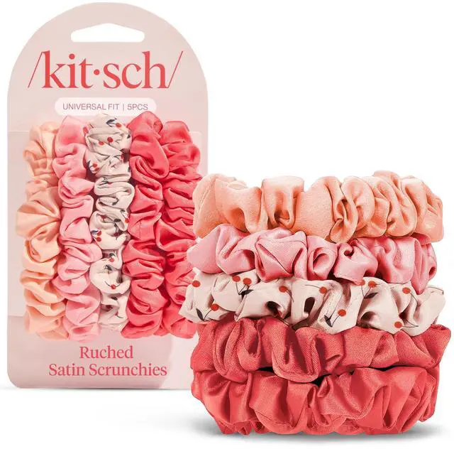 Main image of Ultra-Petite Satin Scrunchies for Women - Cherry Blossom, 5pcs | Wake Up Frizz-Free, No Crease Hair Ties, Softer Than Silk Scrunchies, Stylish Hair Accessories For All Hair Types