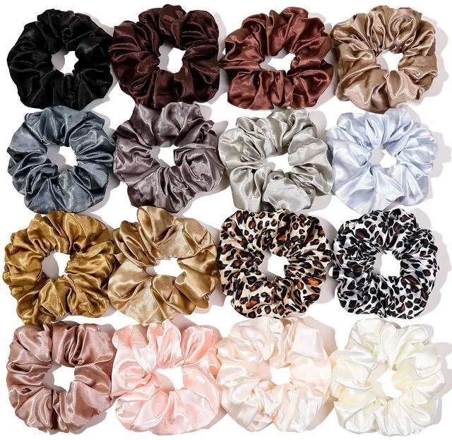Main image of 16 Scrunchies for Women - Satin Hair Ties and Bands, Big Ponytail Holders for Thick, Curly Hair, Cute No-Crease Pony Tails, No Damage