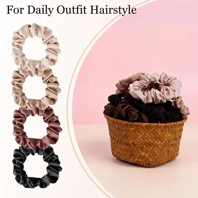 Alt view image 5 of 7 - Ultra-Petite Satin Scrunchies for Women 8PCS Neutral No Damage Hair Ties (Black, Blonde, Dark Brown, Light Brown) No Crease, Frizz-Free, Gentle Elastic Bands for Day & Night, Perfect Gifts