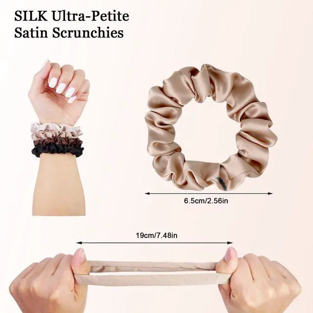 Alt view image 3 of 7 - Ultra-Petite Satin Scrunchies for Women 8PCS Neutral No Damage Hair Ties (Black, Blonde, Dark Brown, Light Brown) No Crease, Frizz-Free, Gentle Elastic Bands for Day & Night, Perfect Gifts