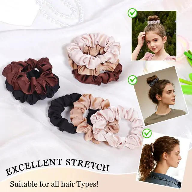 Alt view image 2 of 7 - Ultra-Petite Satin Scrunchies for Women 8PCS Neutral No Damage Hair Ties (Black, Blonde, Dark Brown, Light Brown) No Crease, Frizz-Free, Gentle Elastic Bands for Day & Night, Perfect Gifts