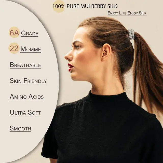 Alt view image 2 of 6 - 100% Mulberry Silk Hair Ties 4PCS, Silk Scrunchies for Women | 22 Momme 100% Mulberry Silk | No Damage & Anti Frizz | Ideal for Hair Care | Black
