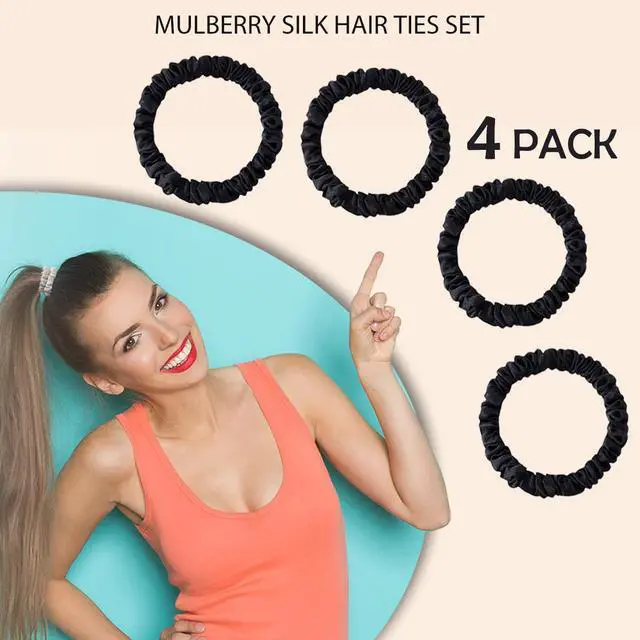 Alt view image 3 of 6 - 100% Mulberry Silk Hair Ties 4PCS, Silk Scrunchies for Women | 22 Momme 100% Mulberry Silk | No Damage & Anti Frizz | Ideal for Hair Care | Black