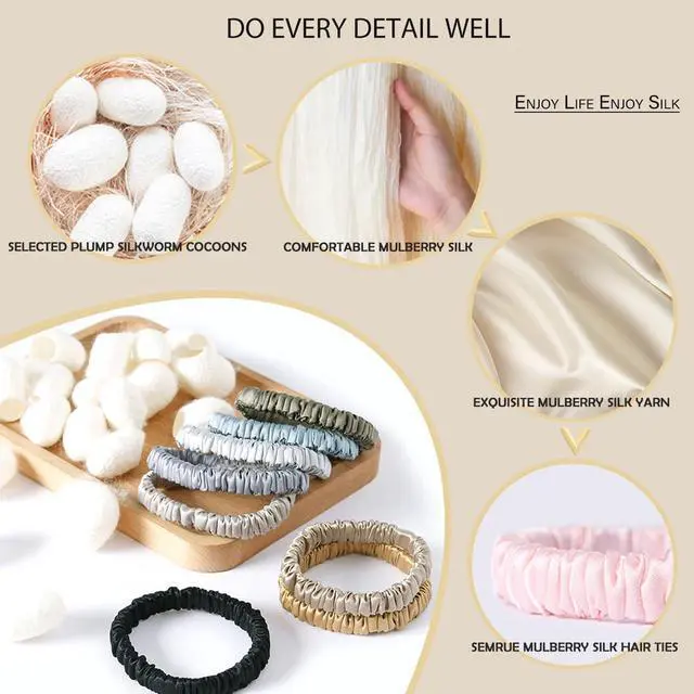 Alt view image 6 of 6 - 100% Mulberry Silk Hair Ties 4PCS, Silk Scrunchies for Women | 22 Momme 100% Mulberry Silk | No Damage & Anti Frizz | Ideal for Hair Care | Black