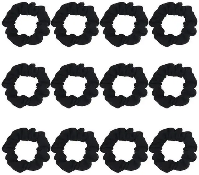 Main image of Pack of 12 Cotton Hair Scrunchies Single Jersey Solid Color Ponytail Holders Hair Ties for Girl (Black)