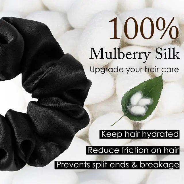 Alt view image 2 of 7 - 100% Mulberry Silk Scrunchies for Women, Hair Ties No Damage 3 Pack | Smooth Glide, Sleep-Ready, Tames Frizz, Wakes Sleek On Curly Wavy Fine & Straight Softer Overnight, Gentle Secure Hold