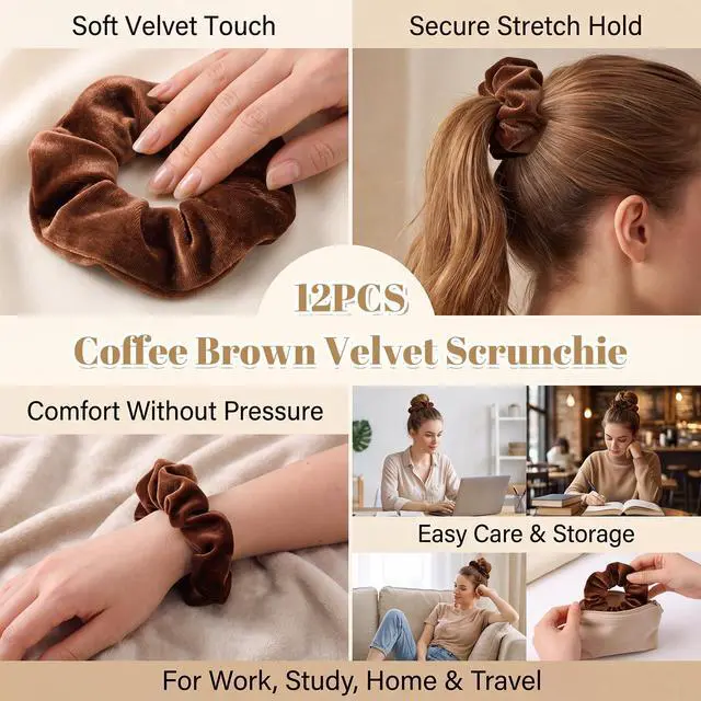 Alt view image 2 of 7 - Brown Velvet Scrunchie for Thick Curly Hair, Soft Stretch Elastic | Soft velvet fabric, gentle hold, reduces pulling and creasing, comfy for sleep, workouts, and daily wear