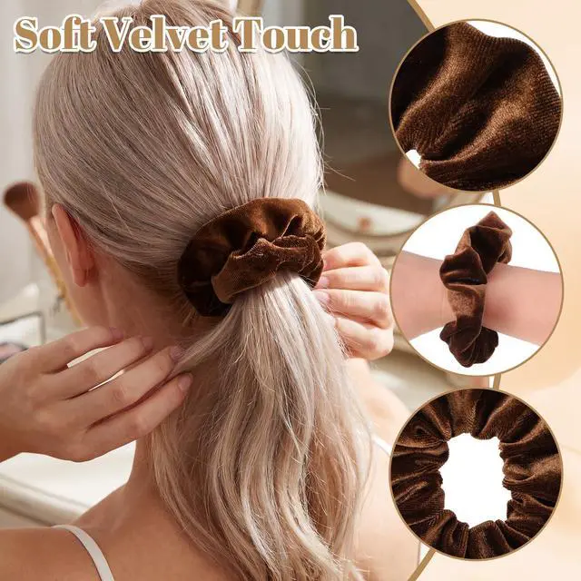 Alt view image 3 of 7 - Brown Velvet Scrunchie for Thick Curly Hair, Soft Stretch Elastic | Soft velvet fabric, gentle hold, reduces pulling and creasing, comfy for sleep, workouts, and daily wear