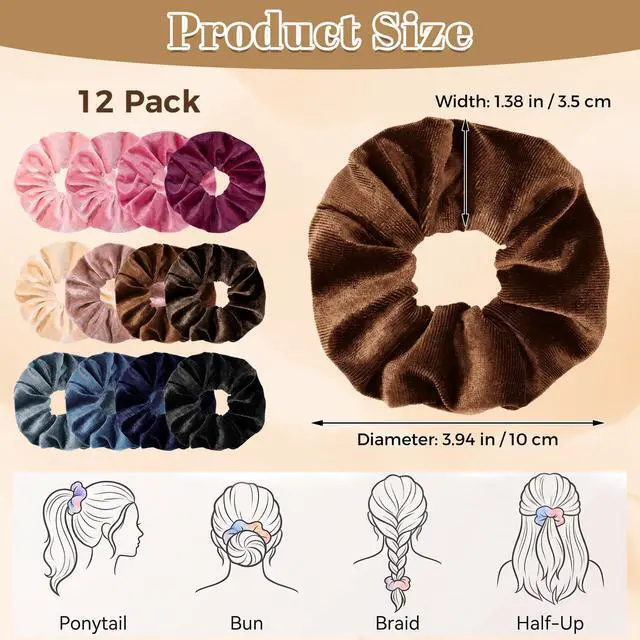 Alt view image 6 of 7 - Brown Velvet Scrunchie for Thick Curly Hair, Soft Stretch Elastic | Soft velvet fabric, gentle hold, reduces pulling and creasing, comfy for sleep, workouts, and daily wear
