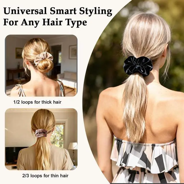 Alt view image 3 of 7 - Velvet Scrunchies for Women 8PCS Neutral Large Hair Ties Black, Blonde, Dark Brown, Light Brown No Crease, Frizz-Free, Soft & Gentle Elastic Hair Bands, Everyday Hair Accessories Gifts