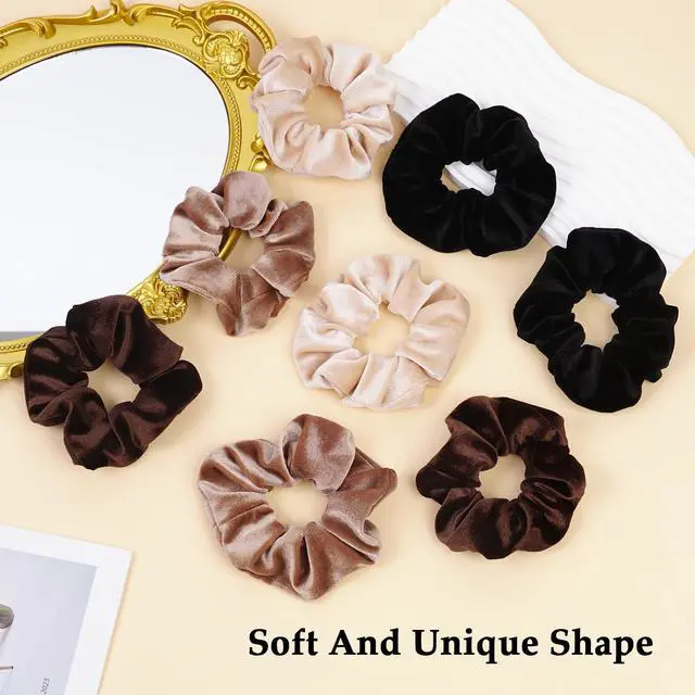 Alt view image 6 of 7 - Velvet Scrunchies for Women 8PCS Neutral Large Hair Ties Black, Blonde, Dark Brown, Light Brown No Crease, Frizz-Free, Soft & Gentle Elastic Hair Bands, Everyday Hair Accessories Gifts