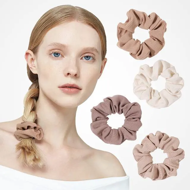 Alt view image 2 of 7 - Scrunchie, Big Cotton Scrunchies for Women's and Girls, Brown Service, 4 Count, for All Hair Types, No Crease or Damage