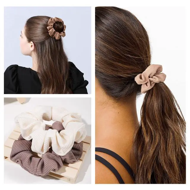 Alt view image 5 of 7 - Scrunchie, Big Cotton Scrunchies for Women's and Girls, Brown Service, 4 Count, for All Hair Types, No Crease or Damage