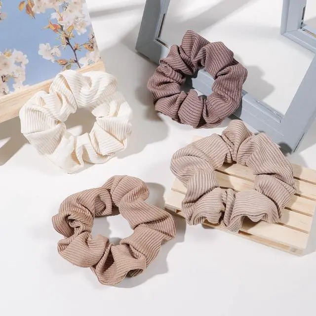 Alt view image 7 of 7 - Scrunchie, Big Cotton Scrunchies for Women's and Girls, Brown Service, 4 Count, for All Hair Types, No Crease or Damage