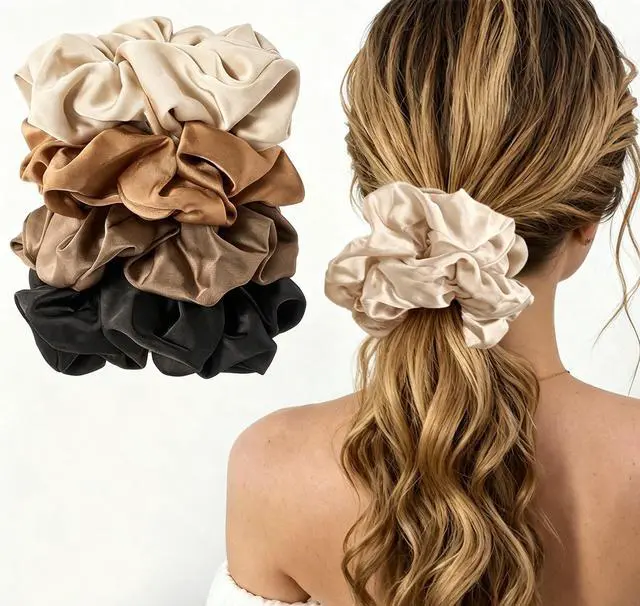 Main image of 4Pcs Big Satin Scrunchies for Women, 5.9 Inch Large Soft Hair Ties | Oversized Scrunchies for Thick Curly Hair, Silky Smooth Satin, Strong Elastic, No Damage to Hair, Daily & Hairstyle Use