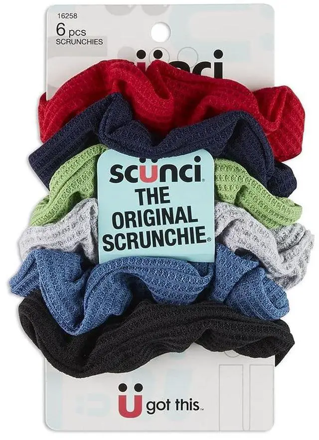 Main image of Conair The Original Scrunchie Waffle Knit Scrunchies in Navy, White, Red, Blue, Grey and Black, Hair Ties for Women, 6 Count