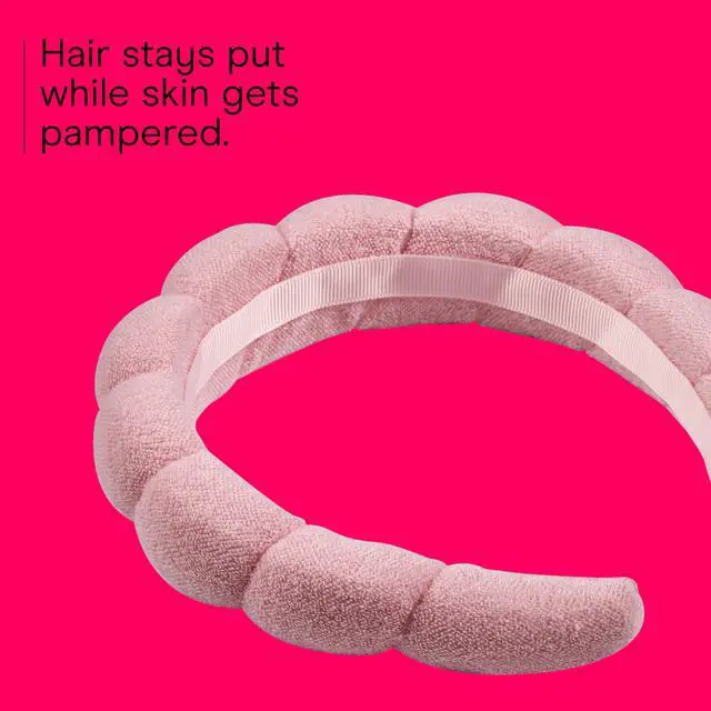 Alt view image 3 of 6 - Spa Makeup and Face Washing Headband, Pink Bubble Design, 1 Count, Ultra-Absorbent Microfiber Headband for Washing Face, Soft Terry Cloth, No-Squeeze, No-Pull Band Gentle on Hair and Head