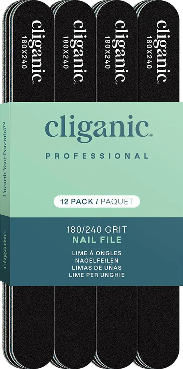 Main image of 12 Pack Nail File Set: 180/240 Grit | Professional Emery Boards for Natural, Gel & Acrylic Nails | Washable Double Sided Kit | Cliganic 90 Days Warranty