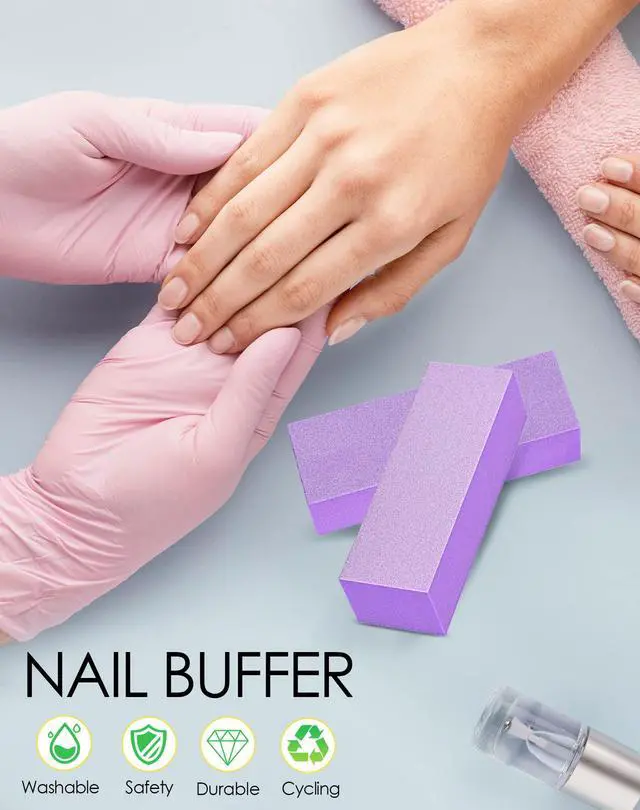 Alt view image 2 of 7 - Nail Buffer Block, Medium/Fine Grit 100/180 Finishing Buffers for Acrylic Nails Gel Polish Nails, 3 Way Professional Pedicure Manicure Buffer Kits, 5 Count (Purple)