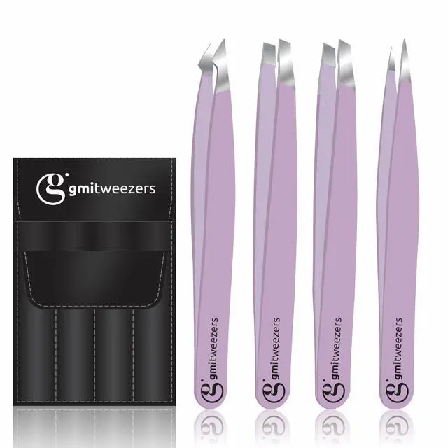 Main image of Professional Eyebrow Tweezers Set of 4 Stainless Steel Precision Tools for Eyebrows, Facial Hair & Ingrown Hair Removal Slant, Pointed & Flat Tips with Travel Case for Women & Men