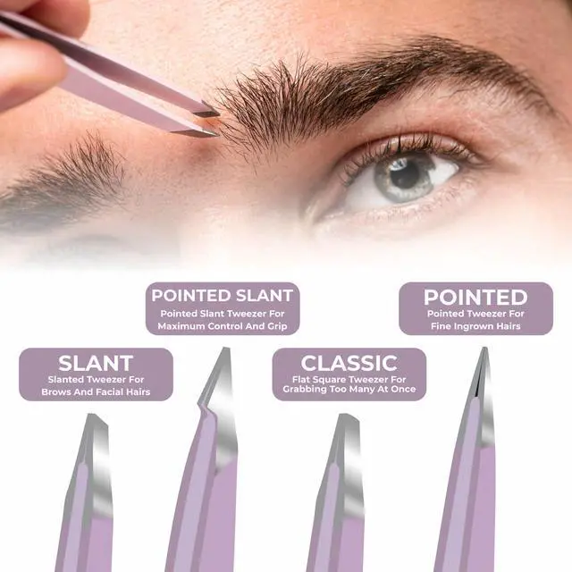 Alt view image 4 of 6 - Professional Eyebrow Tweezers Set of 4 Stainless Steel Precision Tools for Eyebrows, Facial Hair & Ingrown Hair Removal Slant, Pointed & Flat Tips with Travel Case for Women & Men
