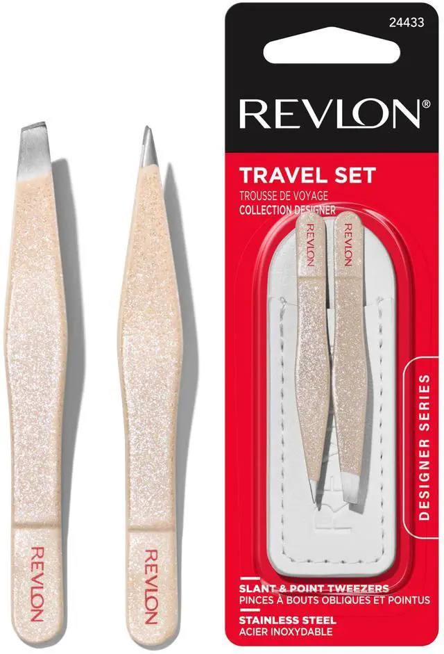Main image of Designer Series 2-Piece Mini Tweezer Set For Travel | Mini slant tip and point tip tweezer set for hair removal. Easy to use stainless steel. Portable for on-the-go touch-ups.