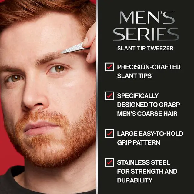 Alt view image 2 of 7 - Men's Series Slant Tip Tweezer, Silver, 1 Count | Ultra-sharp slant tip tweezers for men. Larger non-slip grip for brow shaping & facial hair removal. Made of stainless steel.