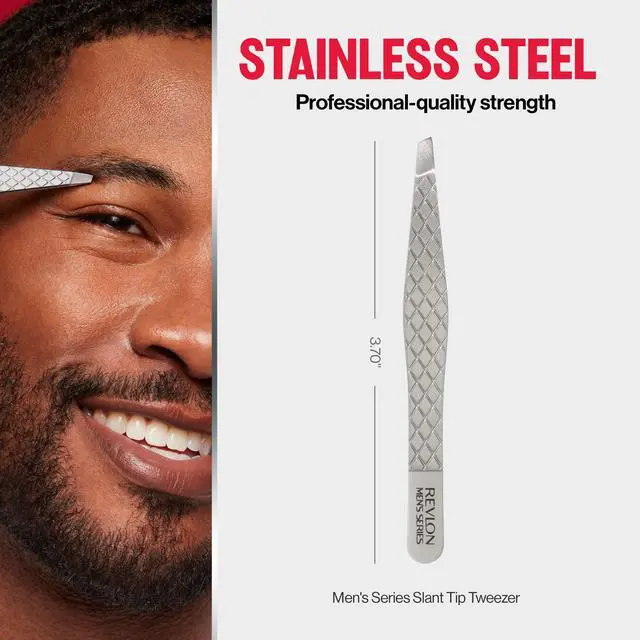 Alt view image 6 of 7 - Men's Series Slant Tip Tweezer, Silver, 1 Count | Ultra-sharp slant tip tweezers for men. Larger non-slip grip for brow shaping & facial hair removal. Made of stainless steel.