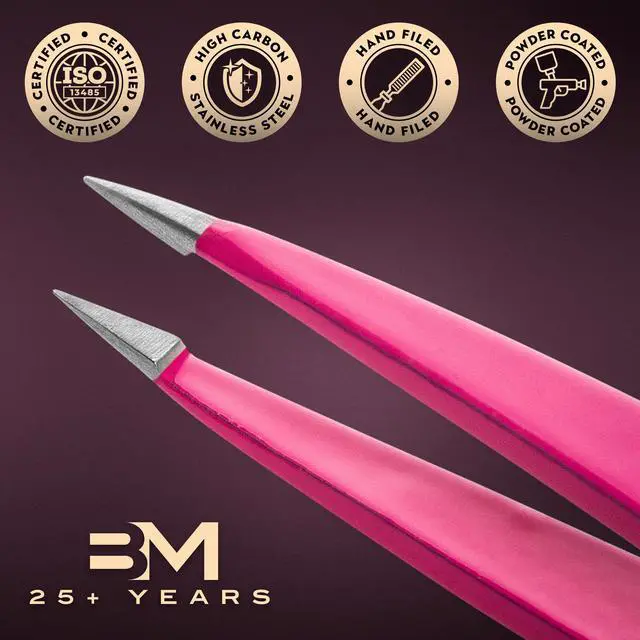 Alt view image 4 of 7 - Pointed Tweezers | High Carbon Stainless Steel Needle Nose | Fine Point Precision Hair Removal | Perfectly Aligned & Hand-Filed Sharp | Pink