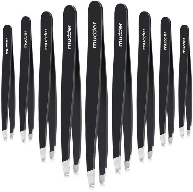 Main image of 12 Pcs Eyebrow Tweezers Set for Facial Hair in Bulk | Slanted Tip Style, Stainless Steel, Black, 3.78 Inch Compact, for Men and Women, Daily Eyebrow Care, Daily or Travel
