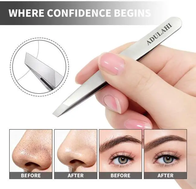 Alt view image 3 of 7 - Professional Slant Tweezers for Eyebrows & Facial Hair - Precise Aligned Carbon Stainless Steel Remover with Storage Case(Pearl Silver)